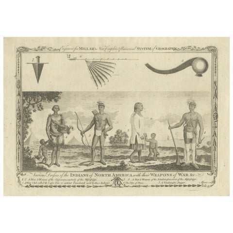 Indians of North America, Dress and Weapons – Millar Geography Engraving, c.1782