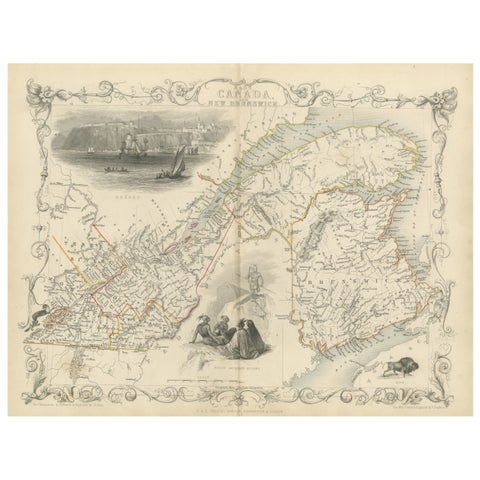 Decorative 1850s Map of Eastern Canada and New Brunswick with Historic Vignettes