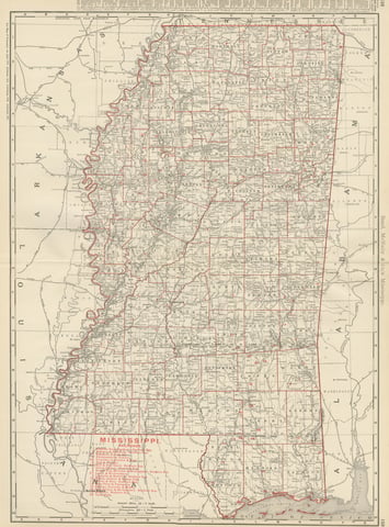 Antique Map of Mississippi, The Magnolia State, Rand McNally, 1899