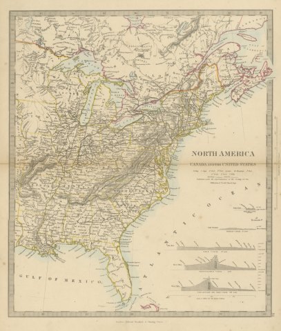 Antique Map of Canada and the United States with Canal Profiles, 1858