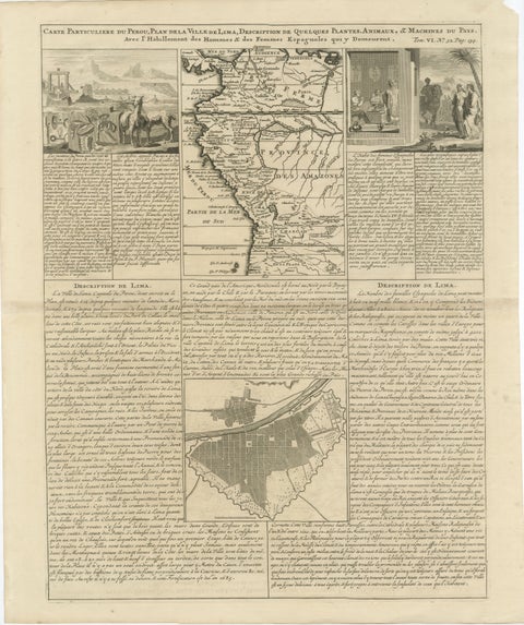 Original Antique Map of Peru and Plan of Lima by Henri Abraham Chatelain, 1719