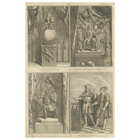 Mexican Gods and Priests – 1734 Engraving of Aztec Deities and Religious Ritual