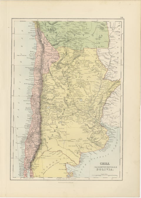 Antique Chile, Argentina & Bolivia Map, Patagonia, Bartholomew, 1884