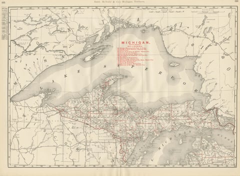 Antique Map of Northern Michigan and Lake Superior, Copper Country, 1899