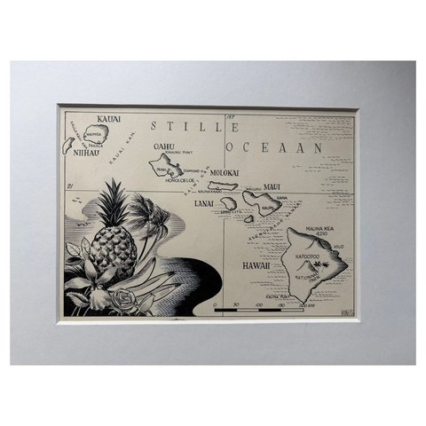 Original Illustration Map of Hawaii by Charles Burki, ca. 1948 – Ink Drawing