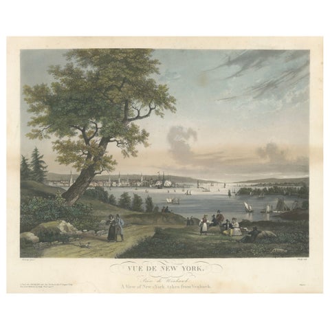 View of New York City from Weehawken, Rare Hand-Colored 1834 Aquatint Print