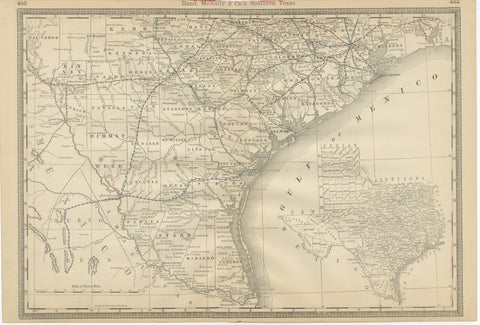 Antique Map 1888 – Southern Texas Railroads, Counties & Settlements