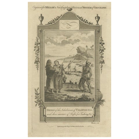 California Indigenous Dress & Fishing Rafts – Early Ethnographic Engraving 1754