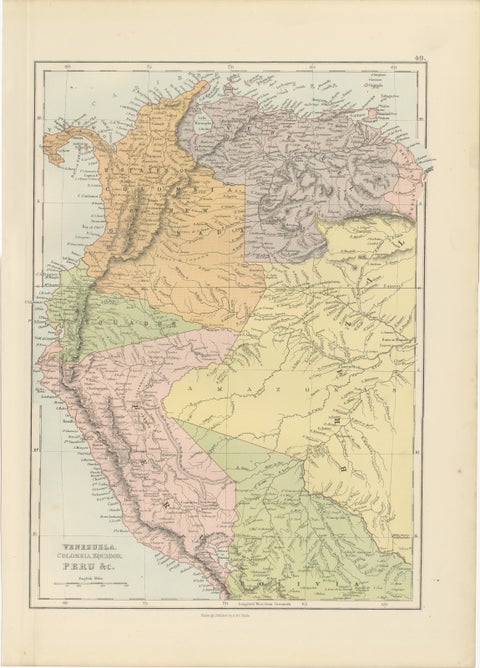 Antique Venezuela, Colombia, Ecuador & Peru Map, Bartholomew, 1884