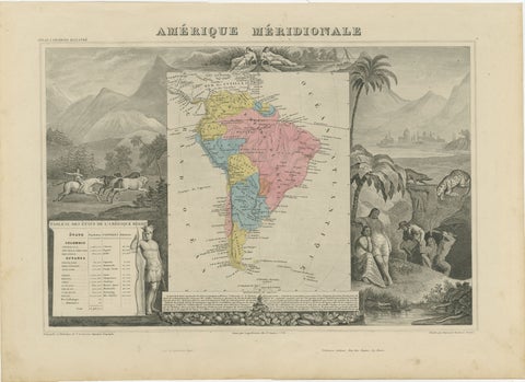 Antique Map South America, Levasseur, Decorative Original Hand Colored, c.1845