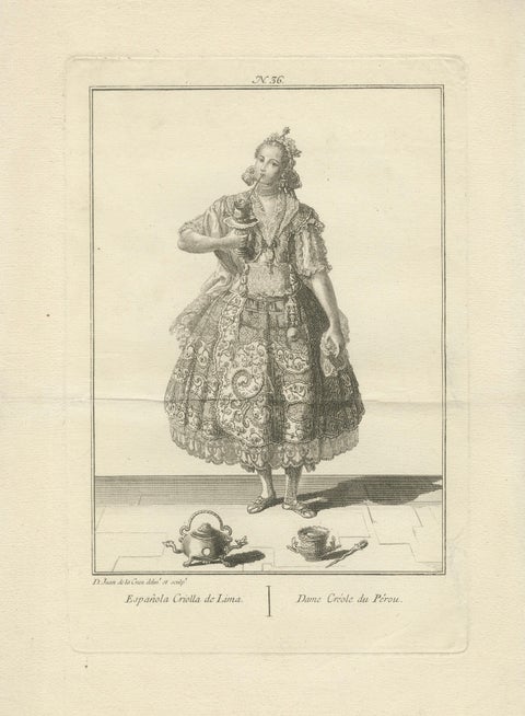 Original Antique Print of a Chocolate-Drinking Creole Lady of Lima, Peru, c.1796