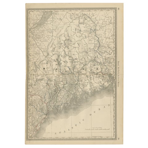 Maine Antique Railroad Map c.1888 – Pine Tree State Counties & Settlements