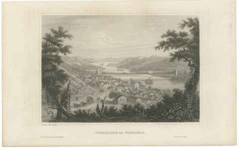 Antique Wheeling Virginia View, Suspension Bridge, Ohio River, Meyer c.1850