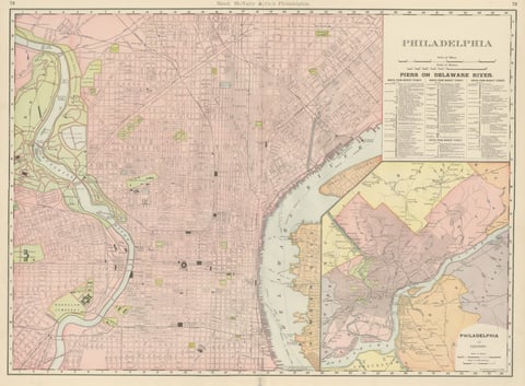 Antique Map of Philadelphia, with Delaware River Piers, Rand McNally, 1899