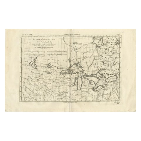 Great Lakes Antique Map, Canada, Midwest USA, Enlightenment Era, Bonne c.1780