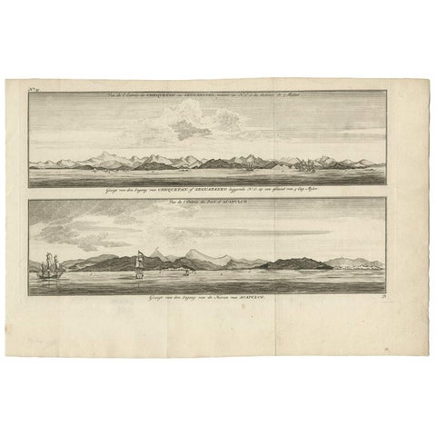 Antique Print of Zihuatanejo and the harbor of Acapulco by Anson (c.1760)