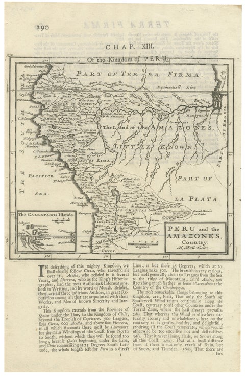 Antique Map of Peru and the Amazon by Herman Moll with Galapagos, c.1709