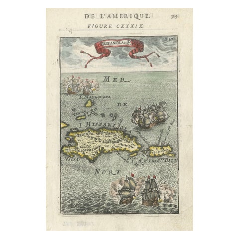 Antique 1683 Map of Hispaniola and Puerto Rico in the Caribbean by Mallet