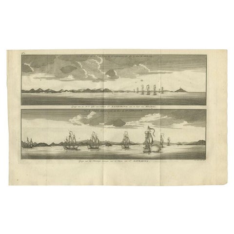 Antique Print with Views of Santa Catarina Island, Part of Brasil, 1749
