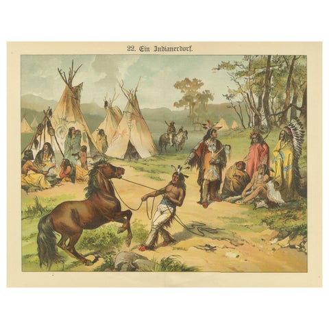 Antique Chromolithograph of a Native American Village Scene, circa 1890