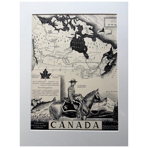 Original 1948 Map of Canada by Charles Burki – Art Deco Mountie Illustration
