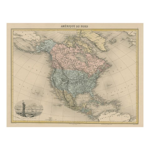 Antique Map of North America with Vignette of the Statue of Liberty, New York