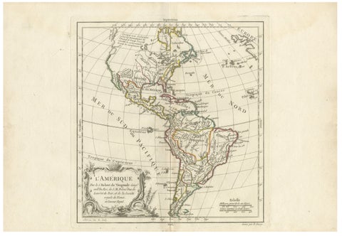 Map of the Americas by Robert de Vaugondy, Original Hand-Colored Map, 1757
