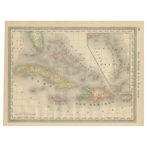 Antique Caribbean Map Wall Art – Cuba Jamaica Hispaniola, Rand McNally, ca.1888