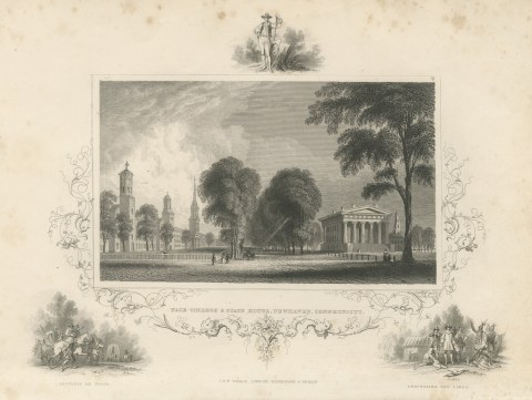 Yale College and State House, New Haven, Settlers En Route Vignette, circa 1850