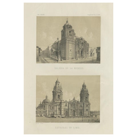 Antique lithograph views of the Cathedral and La Merced Church, Lima – 1865
