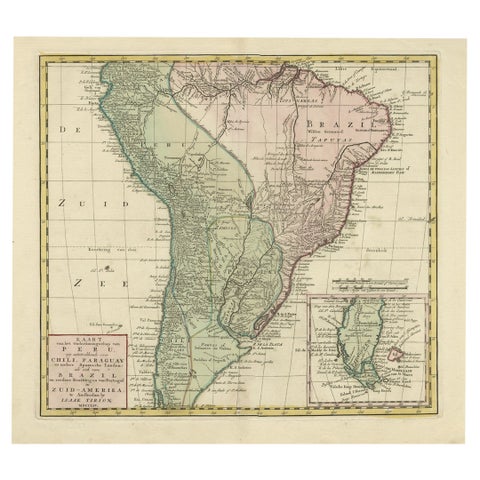 Attractive Antique Hand-Colored Map of South America, ca.1765