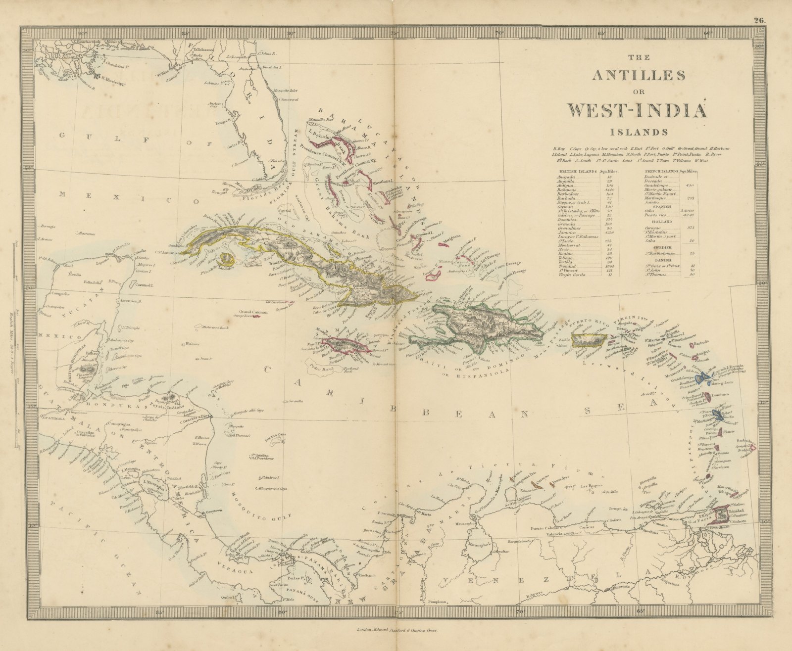 Antique Map of the Antilles or West India Islands with Island Areas, 1858