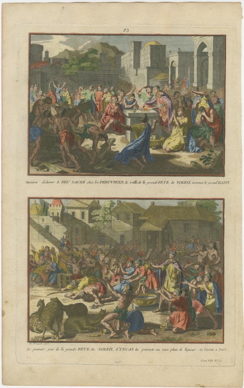 Original Antique Hand-Colored Engraving of the Inca Sun Festival, Peru, c.1777