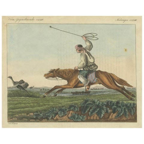 1823 Hand-Colored Engraving - Gaucho Hunting Ostrich with Bolas in the Pampas
