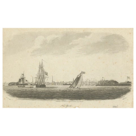 New York Harbor Panorama, sailing ships & city skyline, British engraving, 18050