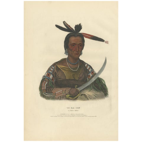 Antique Print of Tokacou 'Yankton Sioux Warrior' by McKenney, 1836