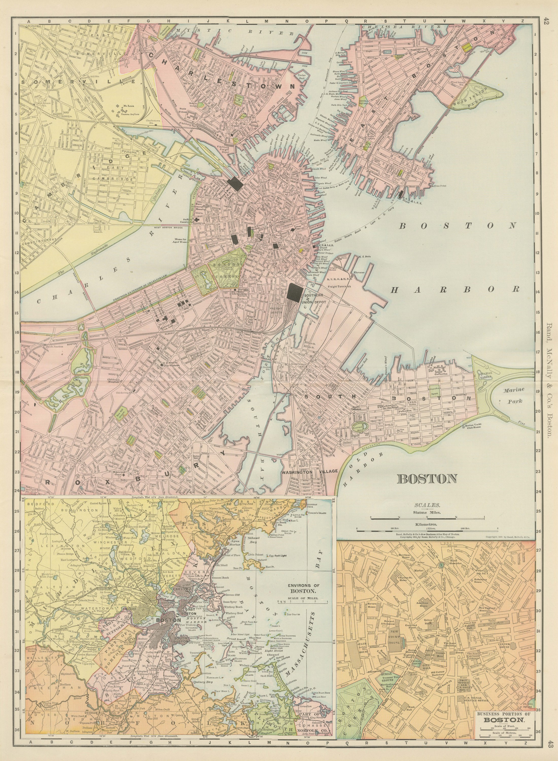 Antique Map of Boston, with Harbor and Environs Inset, Rand McNally, 1899