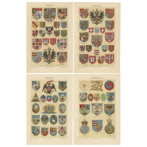 Set of 4 Antique Print of Coats of Arms of German States, America etc, c.1897