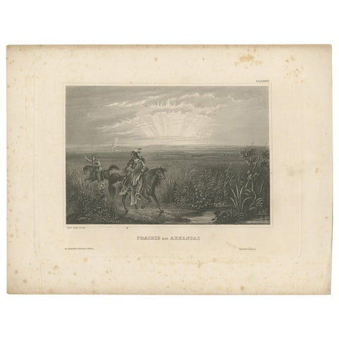 Antique Print of Native American Indians on a Prairie in Arkansas, c. 1850