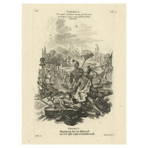 Allegorical 18th-Century Engraving of America by Johann Hertel, Augsburg c.1750
