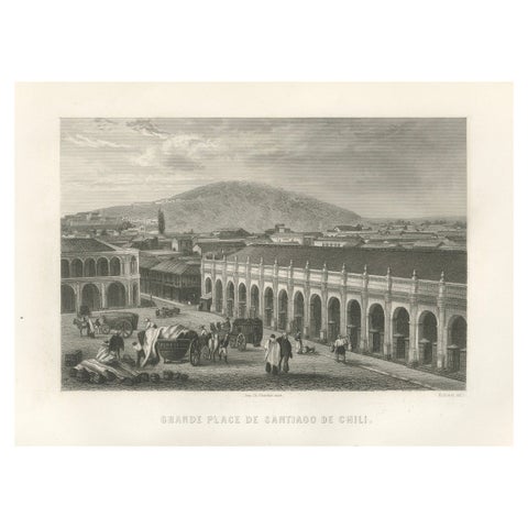 Antique Engraving of Santiago de Chile, Grande Place, 1867