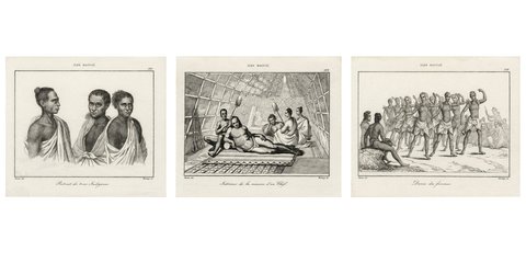 Hawaiian Islanders, Portraits and Cultural Scenes – Three Engravings, Paris 1836