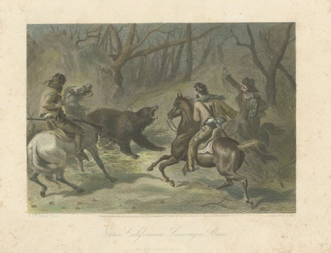 Native Californians Lassoing a Bear, Hand-Colored Americana Print, 1853