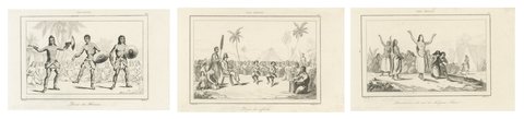 Three Antique Hawaii Engravings – Hula Dance, Native Ceremony & Lamentation 1836