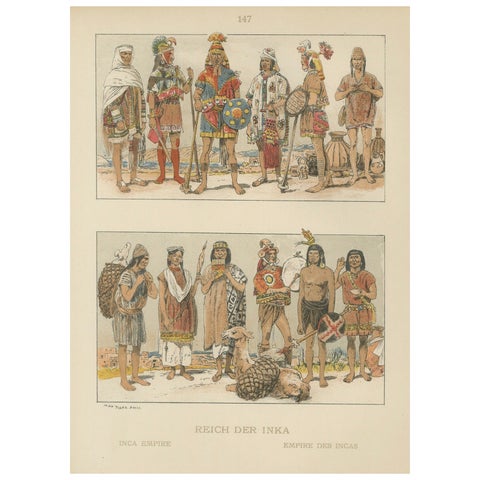 Inca Empire Costumes, Antique Lithograph of Inca Clothing, Max Tilke c.1880