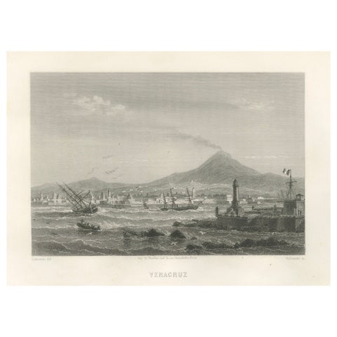 Veracruz Port and Volcano Panorama – 19th Century Mexico Engraving, 1867