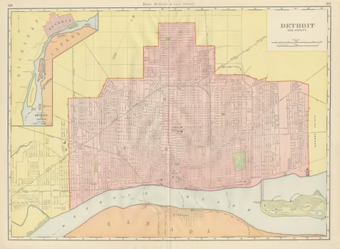 Antique Map of Detroit, with Belle Isle Park, Rand McNally, 1899