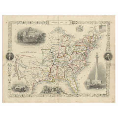Ornate 1850s Map of the United States: Featuring Iconic Landmarks and Portrets