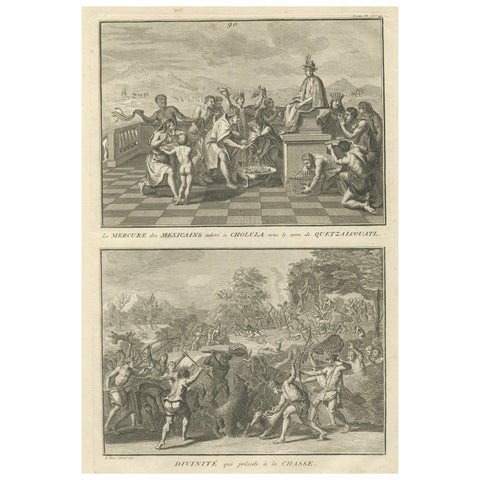 Quetzalcoatl Worship and Hunting Deity – Rare 1734 Engraving of Aztec Rituals