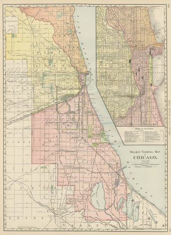 Antique Map of Chicago Railway Terminals, The Windy City, Rand McNally, 1899